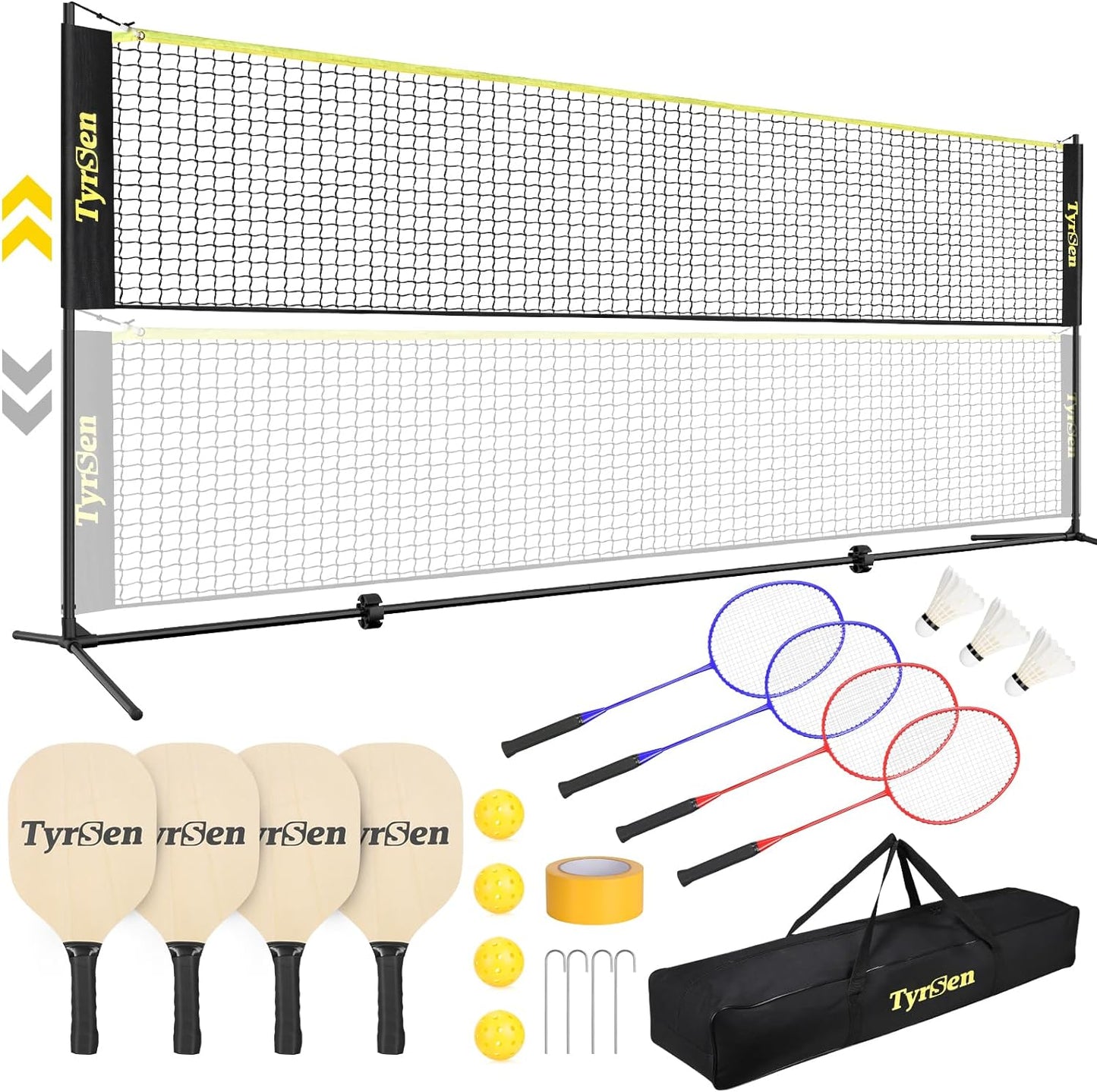 CELLOMOMO Portable Pickleball Badminton Net Set 17ft Portable Combo Net Set with Picklebal Paddles and Badminton Rackets