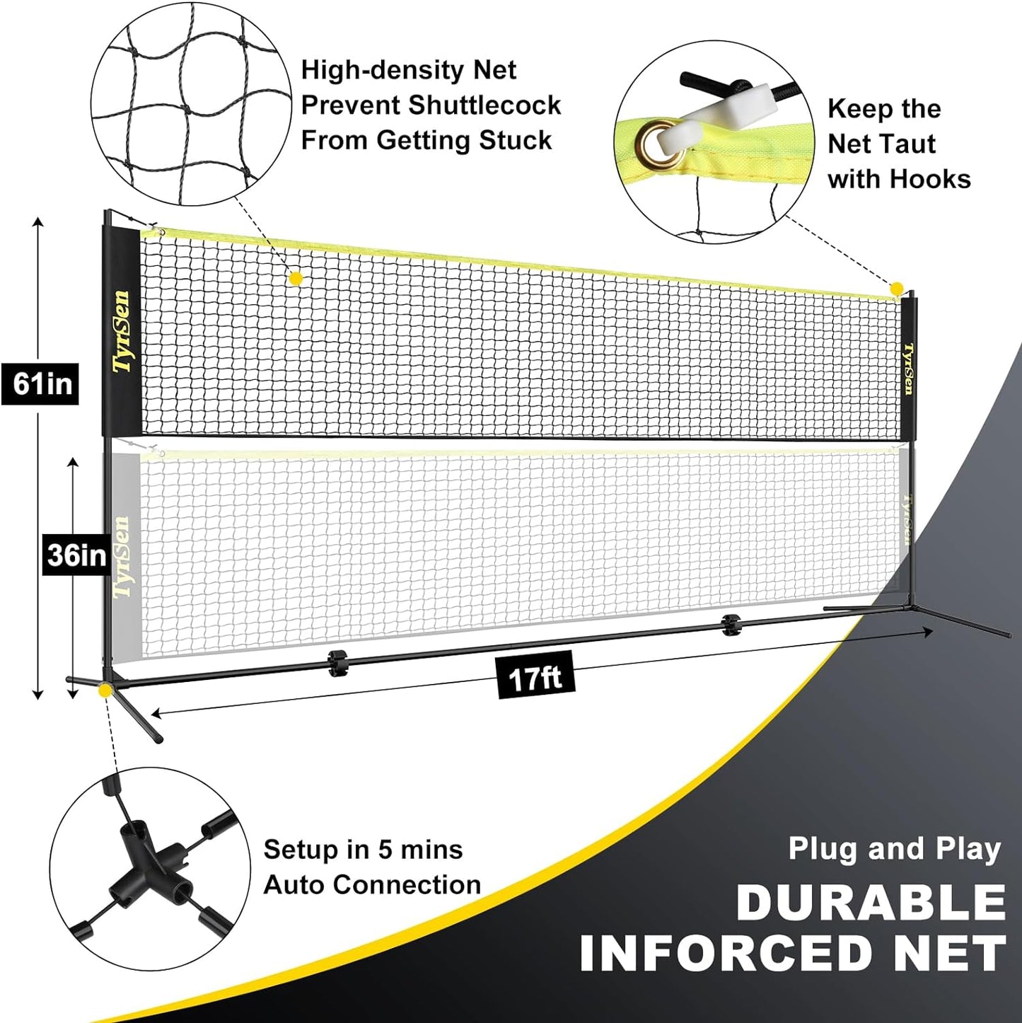 CELLOMOMO Portable Pickleball Badminton Net Set 17ft Portable Combo Net Set with Picklebal Paddles and Badminton Rackets