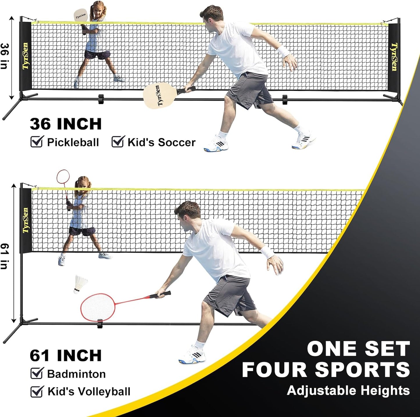 CELLOMOMO Portable Pickleball Badminton Net Set 17ft Portable Combo Net Set with Picklebal Paddles and Badminton Rackets