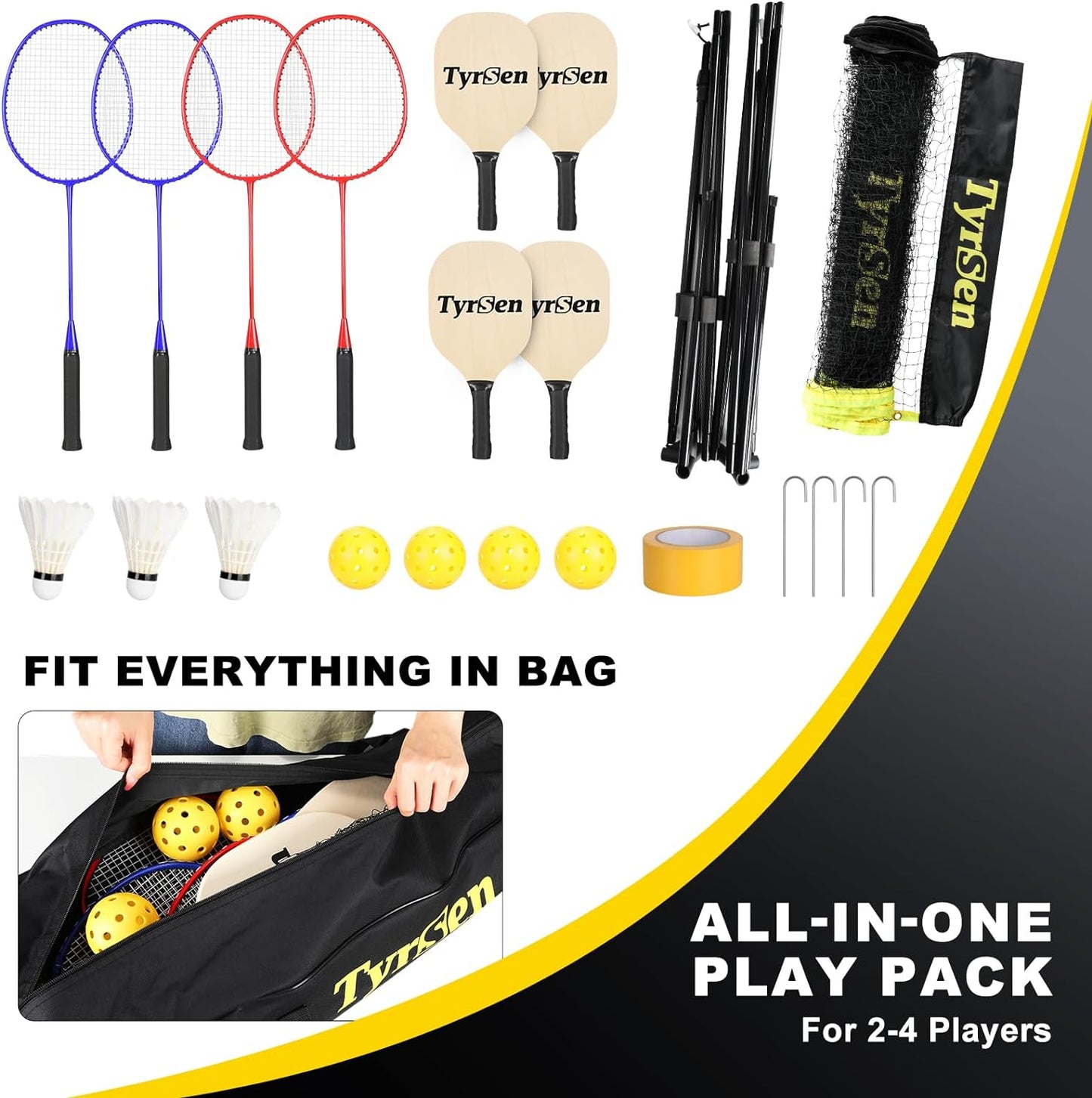 CELLOMOMO Portable Pickleball Badminton Net Set 17ft Portable Combo Net Set with Picklebal Paddles and Badminton Rackets