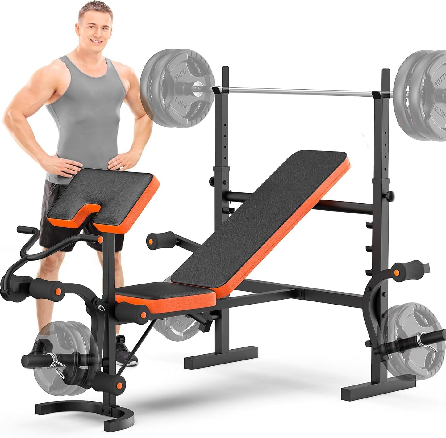 CELLOMOMO Foldable Weight Bench, bench press with Barbell Rack and Leg extension, Workout Bench for Home Gym, Full-Body Workout