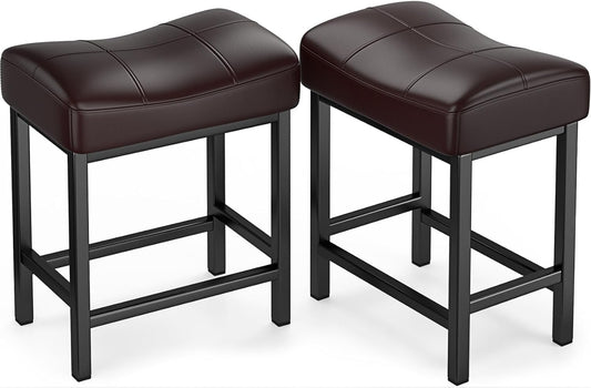 24" Metal Bar Stool Set of 2, Modern PU Leather Bar Stool, Browm