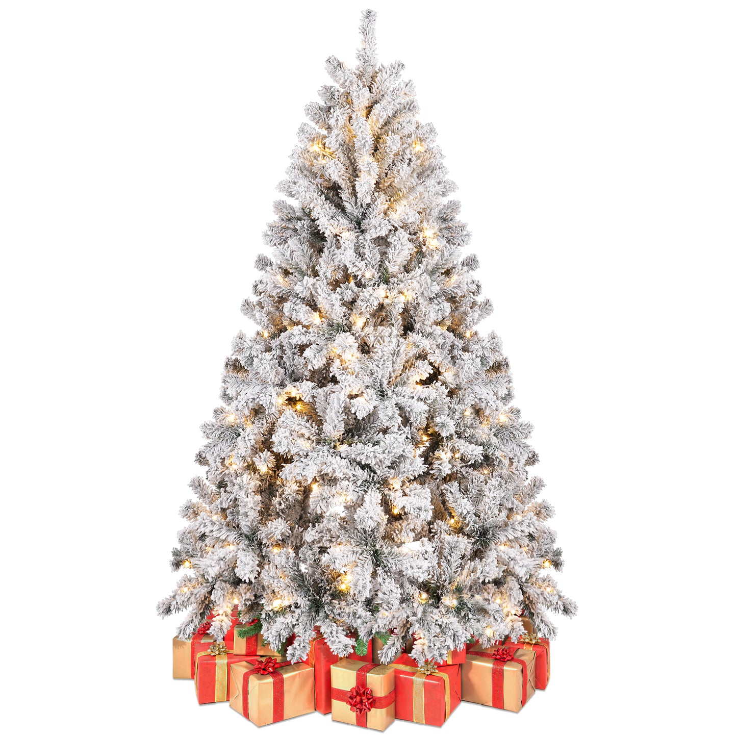 Pre-lit Artificial Christmas Tree 6ft with Incandescent Warm White Lights, Snow Flocked Full Prelighted Xmas Tree with 800 Branch Tips, Easy Assembly