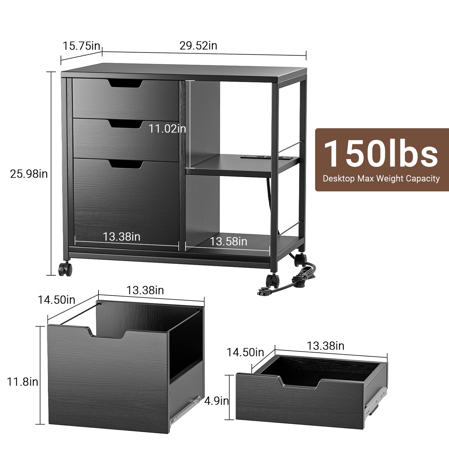 3 Drawers File Cabinet, Wooden File Cabinets for Home Office With USB Charging Port, Open Storage Shelf Fits A4 or Letter Size, Black