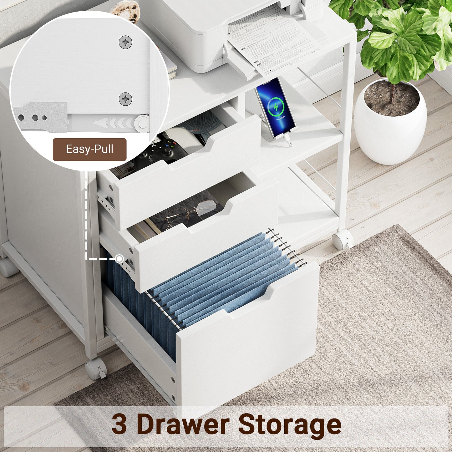 3 Drawers File Cabinet, Wooden File Cabinets for Home Office With USB Charging Port, Open Storage Shelf Fits A4 or Letter Size, White