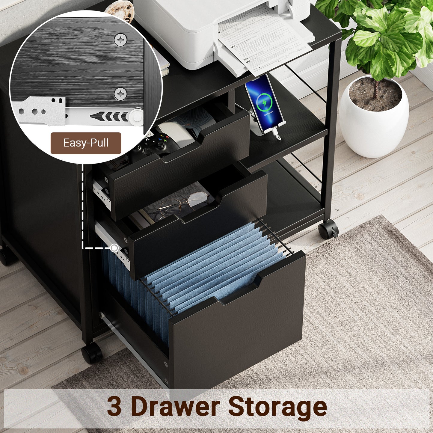 3 Drawers File Cabinet, Wooden File Cabinets for Home Office With USB Charging Port, Open Storage Shelf Fits A4 or Letter Size, Black