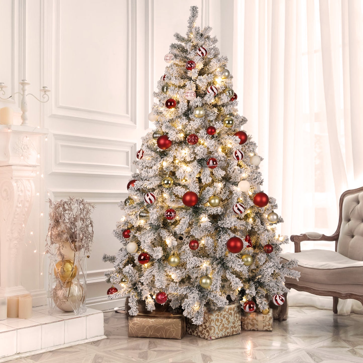 Pre-lit Artificial Christmas Tree 6ft with Incandescent Warm White Lights, Snow Flocked Full Prelighted Xmas Tree with 800 Branch Tips, Easy Assembly