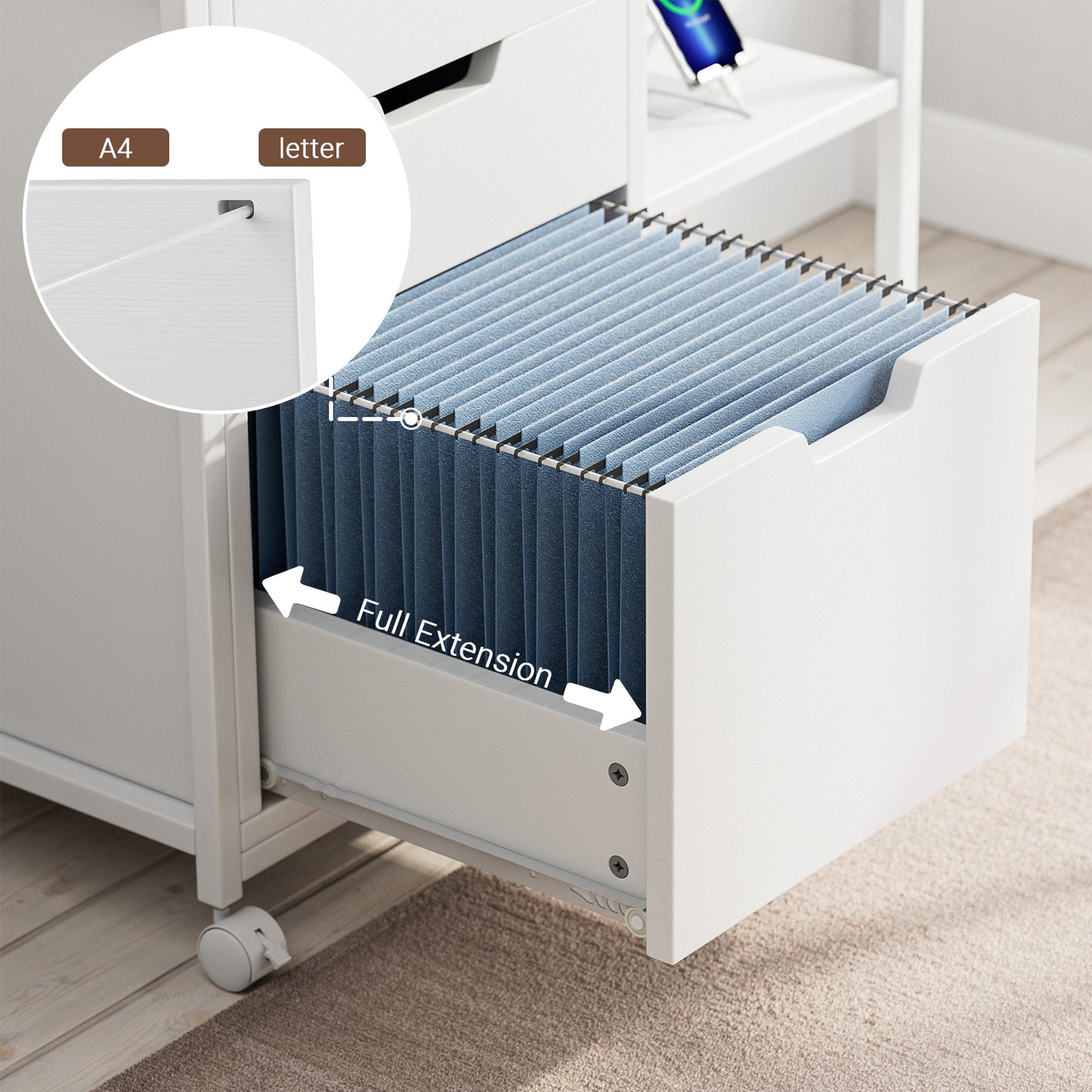 3 Drawers File Cabinet, Wooden File Cabinets for Home Office With USB Charging Port, Open Storage Shelf Fits A4 or Letter Size, White