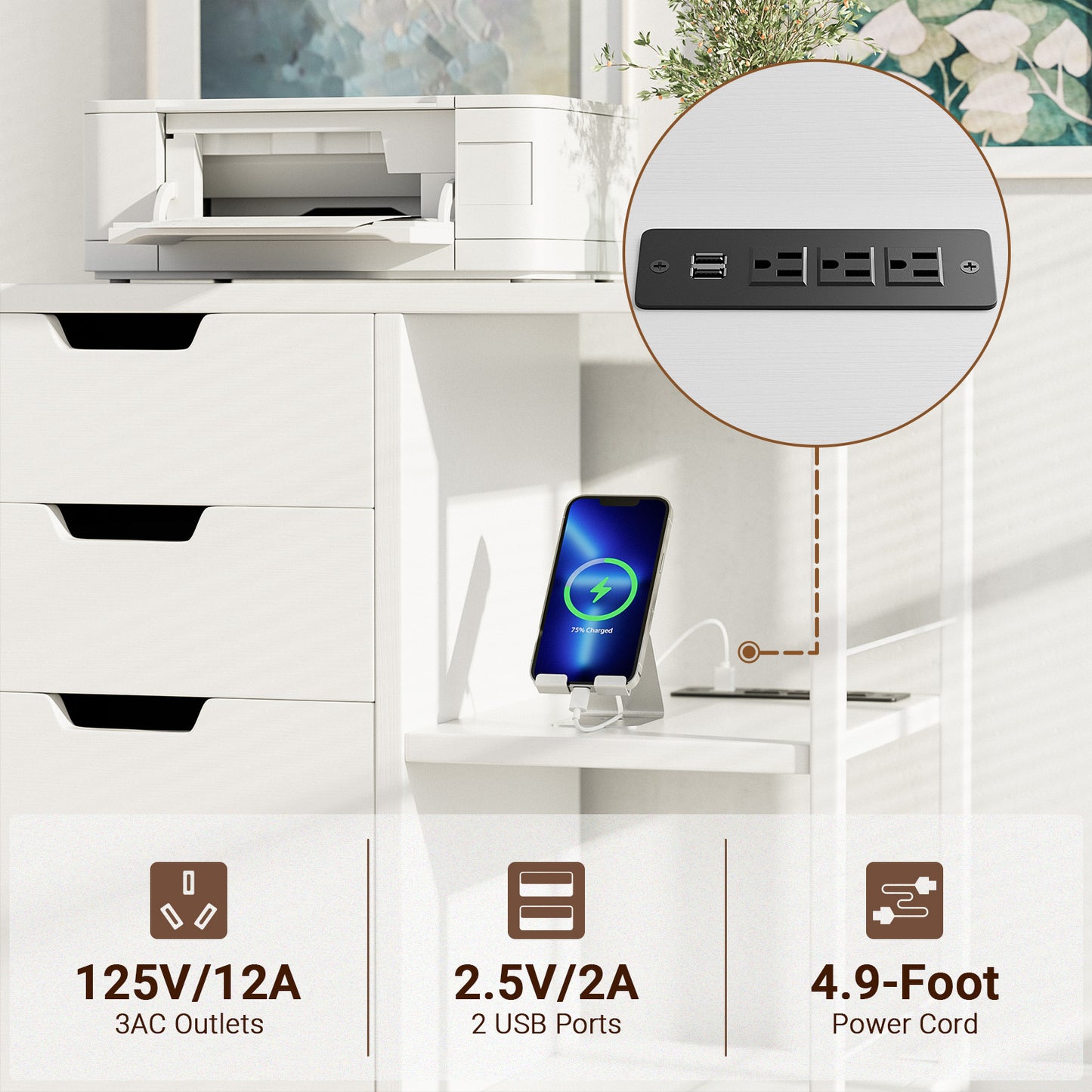 3 Drawers File Cabinet, Wooden File Cabinets for Home Office With USB Charging Port, Open Storage Shelf Fits A4 or Letter Size, White