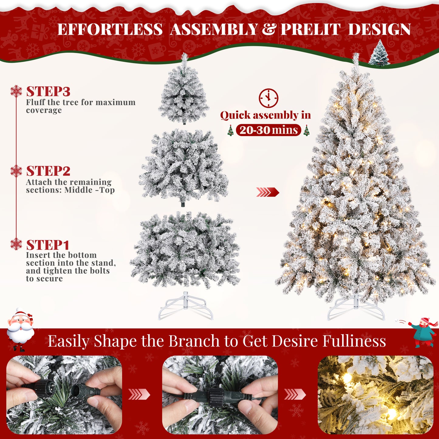 Pre-lit Artificial Christmas Tree 6ft with Incandescent Warm White Lights, Snow Flocked Full Prelighted Xmas Tree with 800 Branch Tips, Easy Assembly